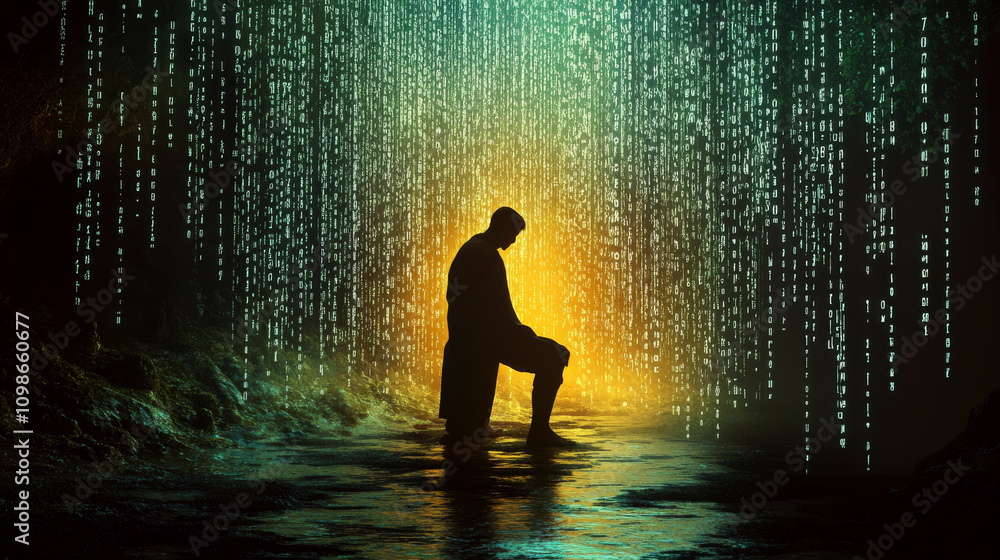 Poster a silhouette of a person kneeling amid digital code streams in a glowing cave. concept of technology