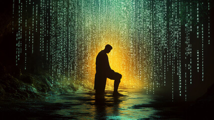 A silhouette of a person kneeling amid digital code streams in a glowing cave. Concept of technology and introspection. For tech-themed presentations