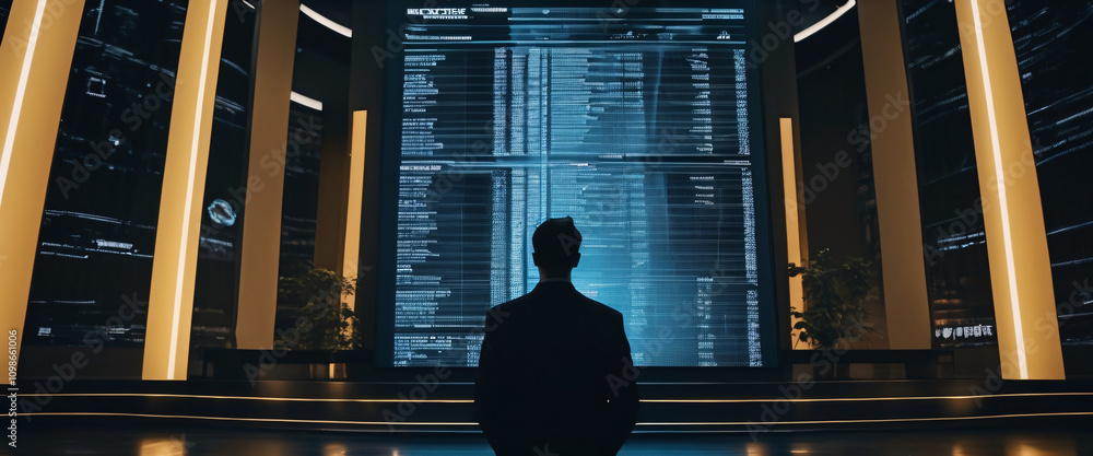 Poster cybersecurity specialist analyzing data streams