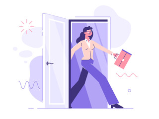 A young woman in a business suit walks confidently through the door. New features. Career prospects. Recruiting. A new candidate for the position. Promotion. Work in the office. Vector illustration.
