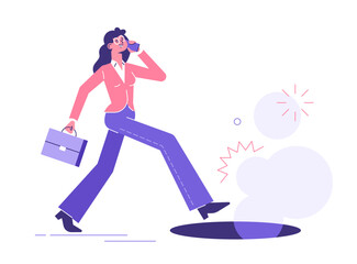 The girl is walking down the street, talking carelessly on the phone, not noticing the open manhole. Unexpected problems. Unforeseen difficulties. Life and health insurance. Financial losses. Vector.