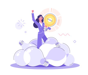 A smiling girl is standing in a pile of bulbs and holding a glowing bulb in her hand. Emergence of an idea. Brainstorm. Creative Ideas, inspiration, innovation, researching, designing. Vector.