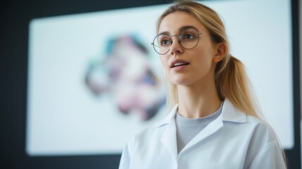 Obraz premium Young scientist in white coat and round glasses with data screen. Medical research education