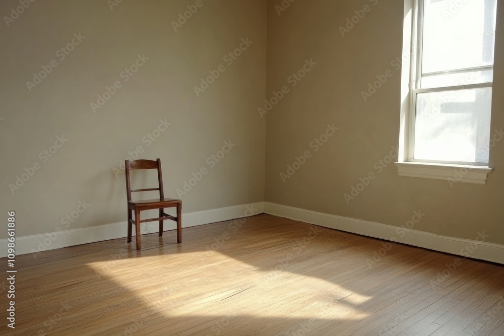 Aufkleber wooden floorboards complement an empty room featuring a solitary chair placed by the wall, illuminat