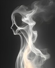 Obraz premium A graceful profile of a woman created from swirling smoke, illustrating ethereal beauty and elegance in a captivating monochrome composition.