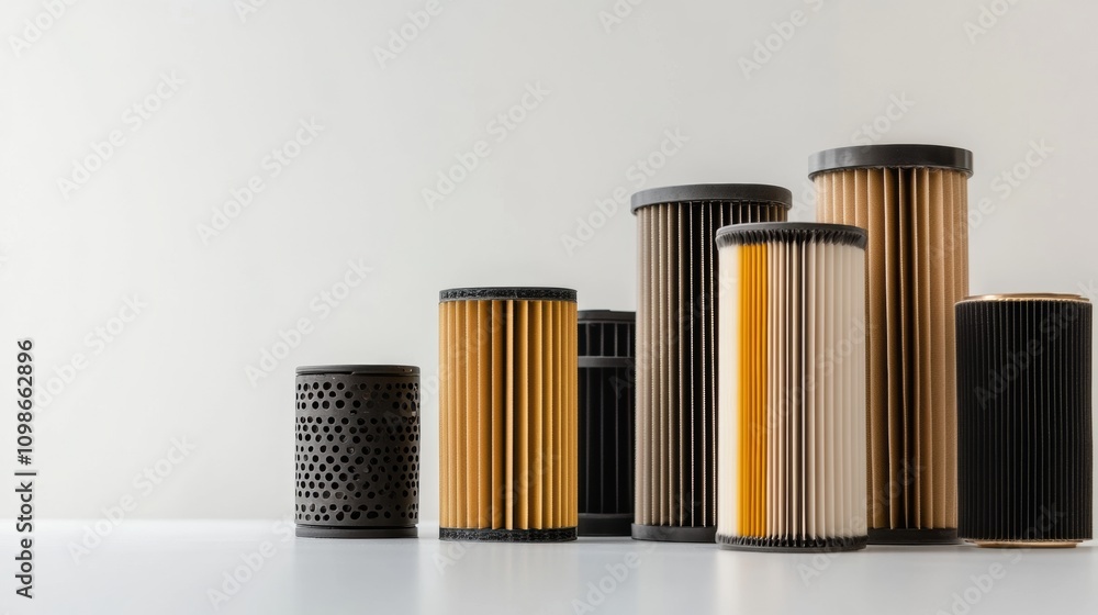 Leinwandbilder Various car filters arranged on a light background showcase essential components for maintaining vehicle performance and efficiency. Generative AI
