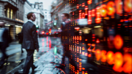 A man in a suit walks on a wet city street with reflections of binary code projected on a glass wall. Concept of digital transformation and urban technology. For business technology concepts.