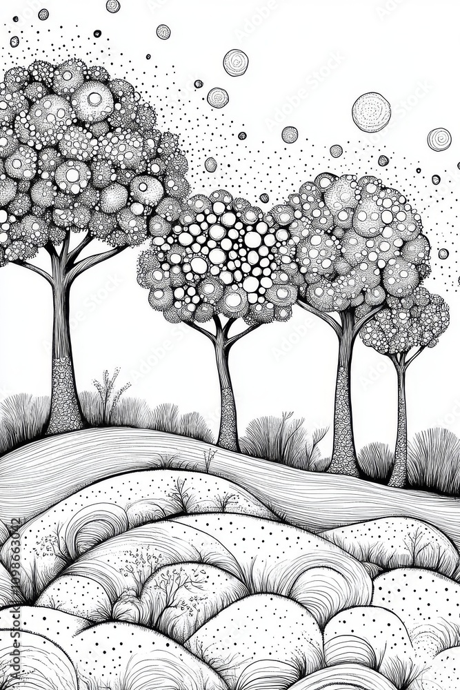 Poster a landscape with three trees standing in a field. the trees are positioned in the foreground
