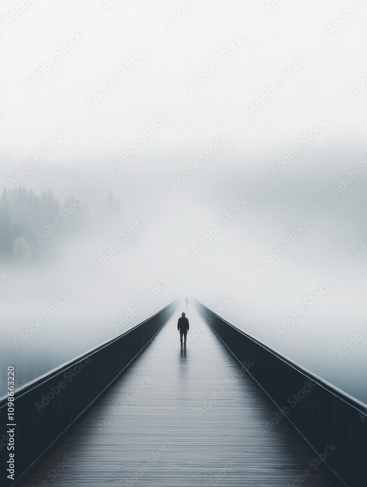 Aufkleber A lone person walks down a lengthy, deserted bridge surrounded by dense fog, creating a tranquil and mysterious atmosphere. Generative AI