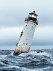 Obraz premium Weathered lighthouse standing tall in stormy ocean