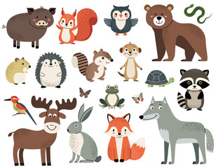 Fototapeta premium Set of cute forest animals. Woodland animals. Wolf, fox, owl, boar, chipmunk, rabbit.