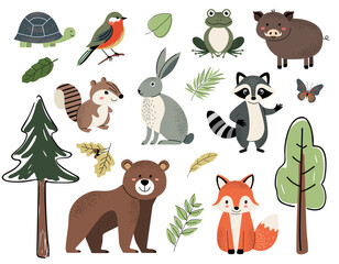 Fototapeta premium Set of cute forest animals. Woodland animals and trees. Bear, fox, frog, boar, raccoon, turtle, chipmunk, rabbit.