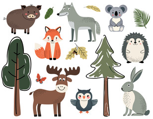 Obraz premium Set of cute forest animals. Woodland animals and trees. Elk, fox, owl, boar, hedgehog, koala, rabbit.
