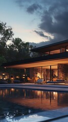 Fototapeta premium Elegant modern home stands resplendent against a twilight backdrop.