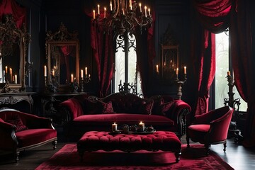 A luxurious, dark-themed living room with rich red furnishings and ornate decor.