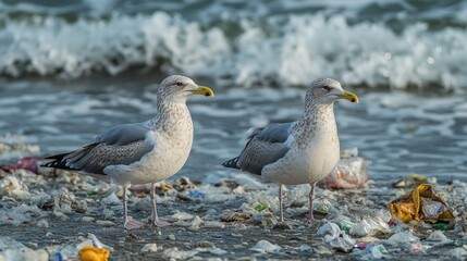 Fototapeta premium Two seagulls stand amidst plastic waste on a polluted beach with crashing waves in the background.