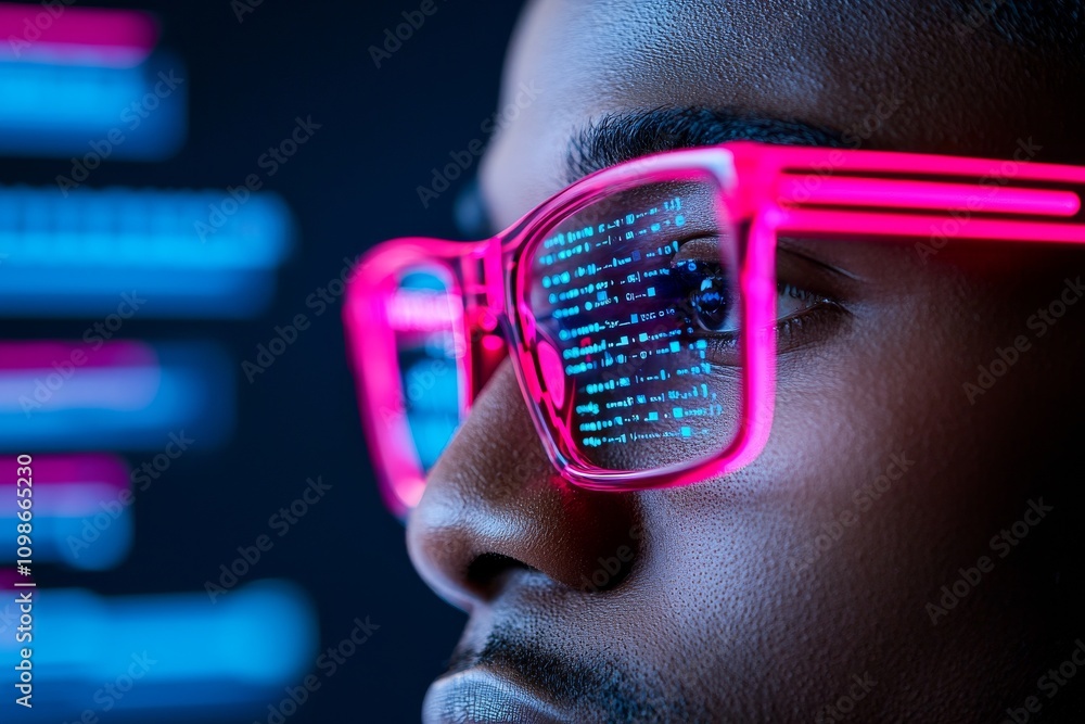 Poster a forward-thinking executive using a holographic interface.