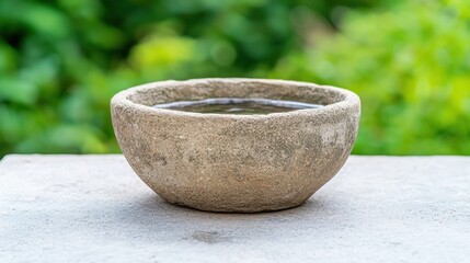 stone bowl with water on table in garden