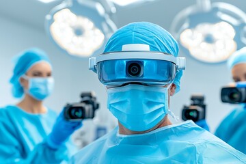In a contemporary operating room, a surgeon utilizes augmented reality HoloLens glasses with holographic displays.