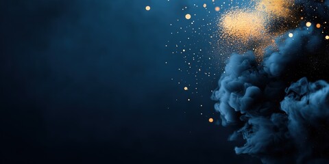 Obraz premium Blue smoke cloud with orange particles on navy background. Abstract energy visualization