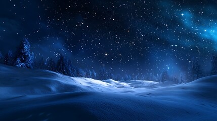 Fototapeta premium Wide Angle Shot of a Snow-Covered Landscape Under Midnight Sky