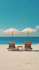 Two chairs on sandy beach with umbrella and ocean view.