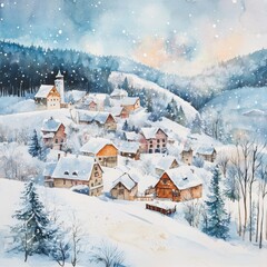 Fototapeta premium A serene winter scene of a snow-covered village nestled in a forest, showcasing charming wooden houses and a starry night sky.