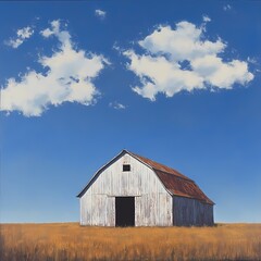 Obraz premium A solitary weathered barn standing in an open field bathed in sunlight