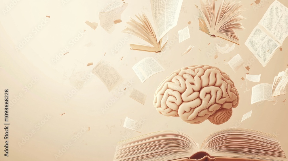 Leinwandbilder A brain floats amidst open books and flying pages, illustrating the dynamic relationship between knowledge, learning, and creativity. Generative AI