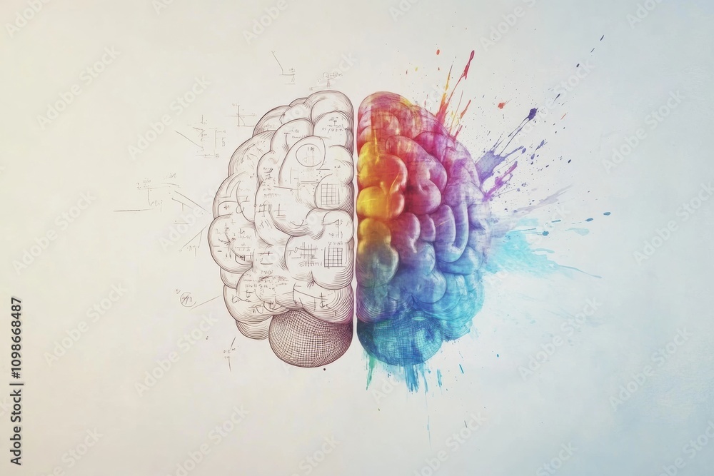 Aufkleber a detailed drawing of a brain, divided into two halves, illustrates the contrast between creativity 