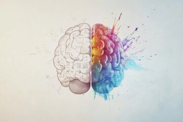 A detailed drawing of a brain, divided into two halves, illustrates the contrast between creativity and analytical thought through color and texture. Generative AI