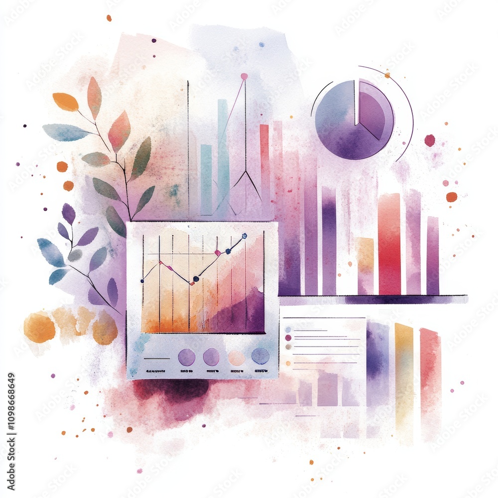 Poster artistic watercolor depiction of data analytics featuring colorful graphs and charts, blending creat