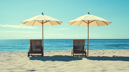 Obraz premium Beach chairs under shade enjoying the tranquil blue ocean scenery.