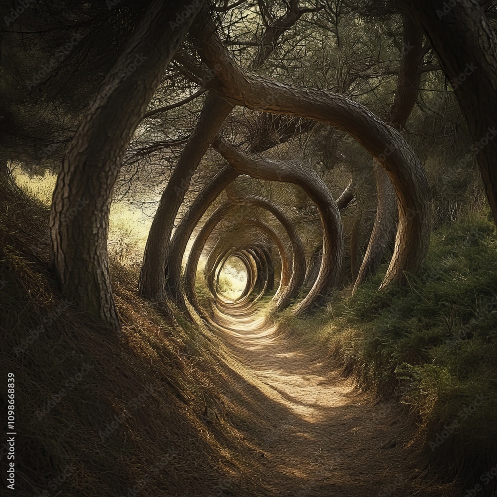 Poster a mesmerizing forest scene featuring a winding path surrounded by uniquely twisted trees forming a n