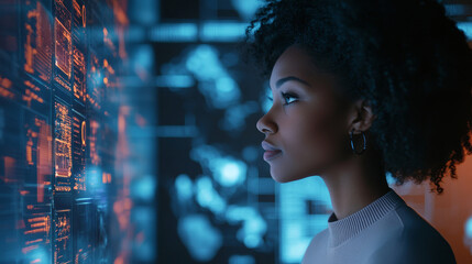  African American woman gazes at glowing holographic screens filled with digital content, her face illuminated by the futuristic display. The scene captures the essence of modern technology.