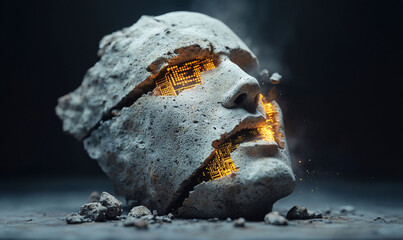 AGI Ancient stone head with digital circuit glow