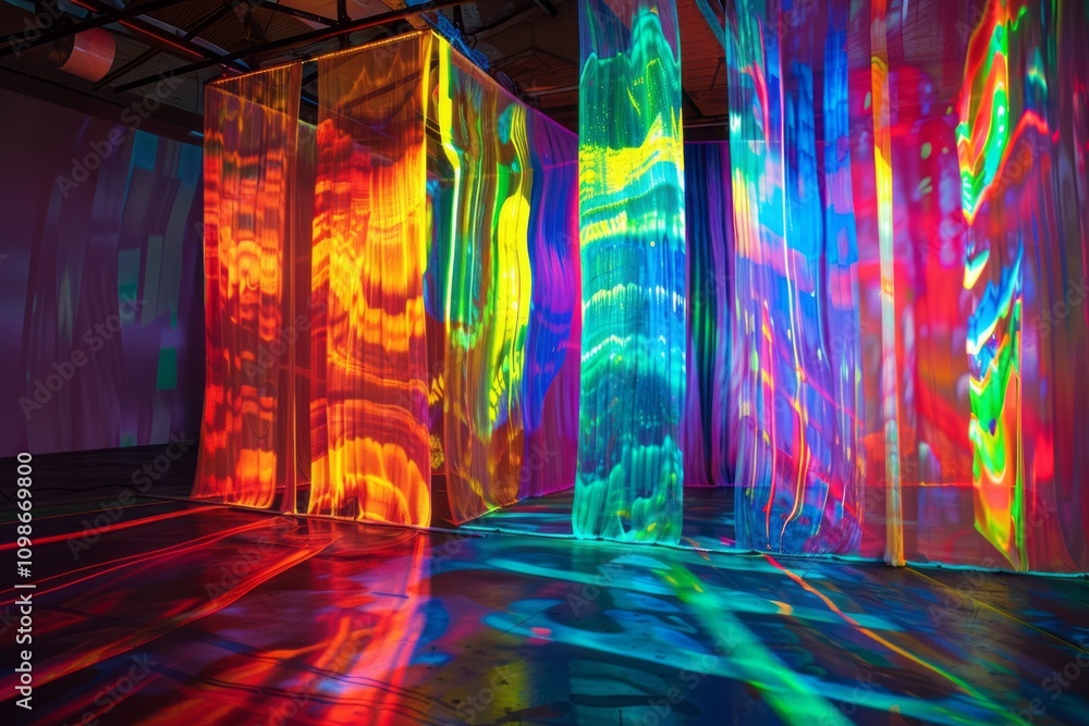Poster a stunning display of colorful abstract light patterns and reflections in a contemporary art gallery