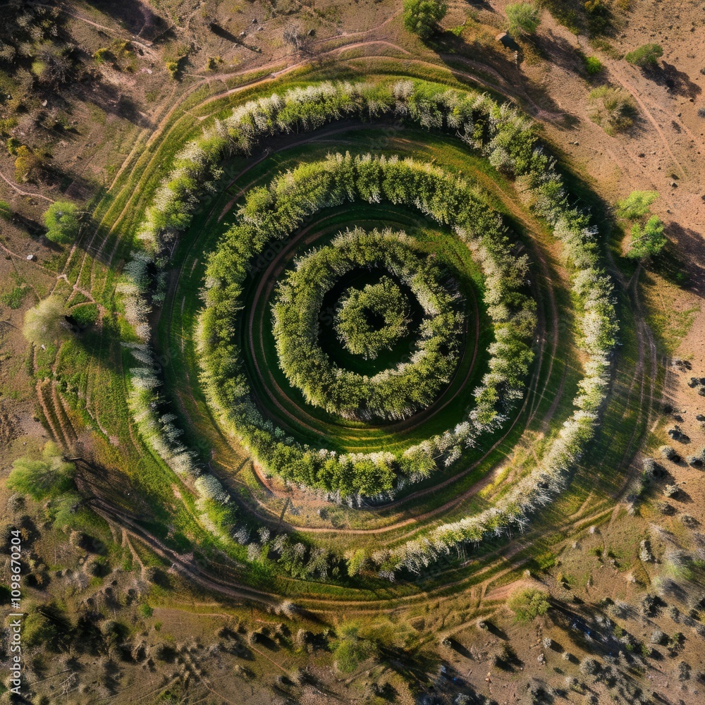 Aufkleber a large circle of trees is shown in a field. the trees are green and the circle is surrounded by dir
