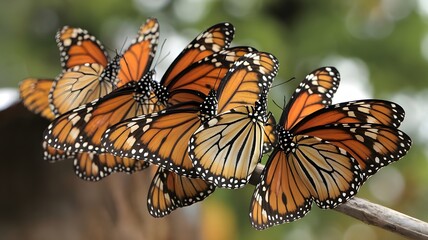 Fototapeta premium A beautiful cluster of monarch butterflies gracefully perched on a branch