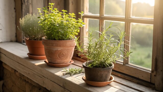 Potted herbs in terra cotta pots in warm morning sunlight.