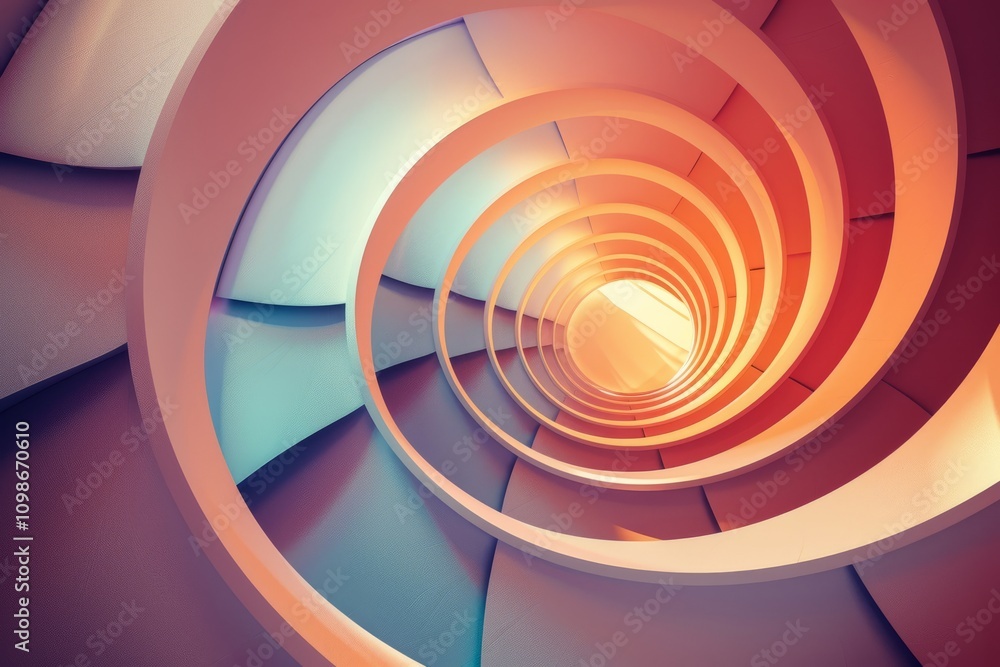 Poster a mesmerizing view of a spiral staircase with vibrant colors and dynamic lighting, showcasing a futu