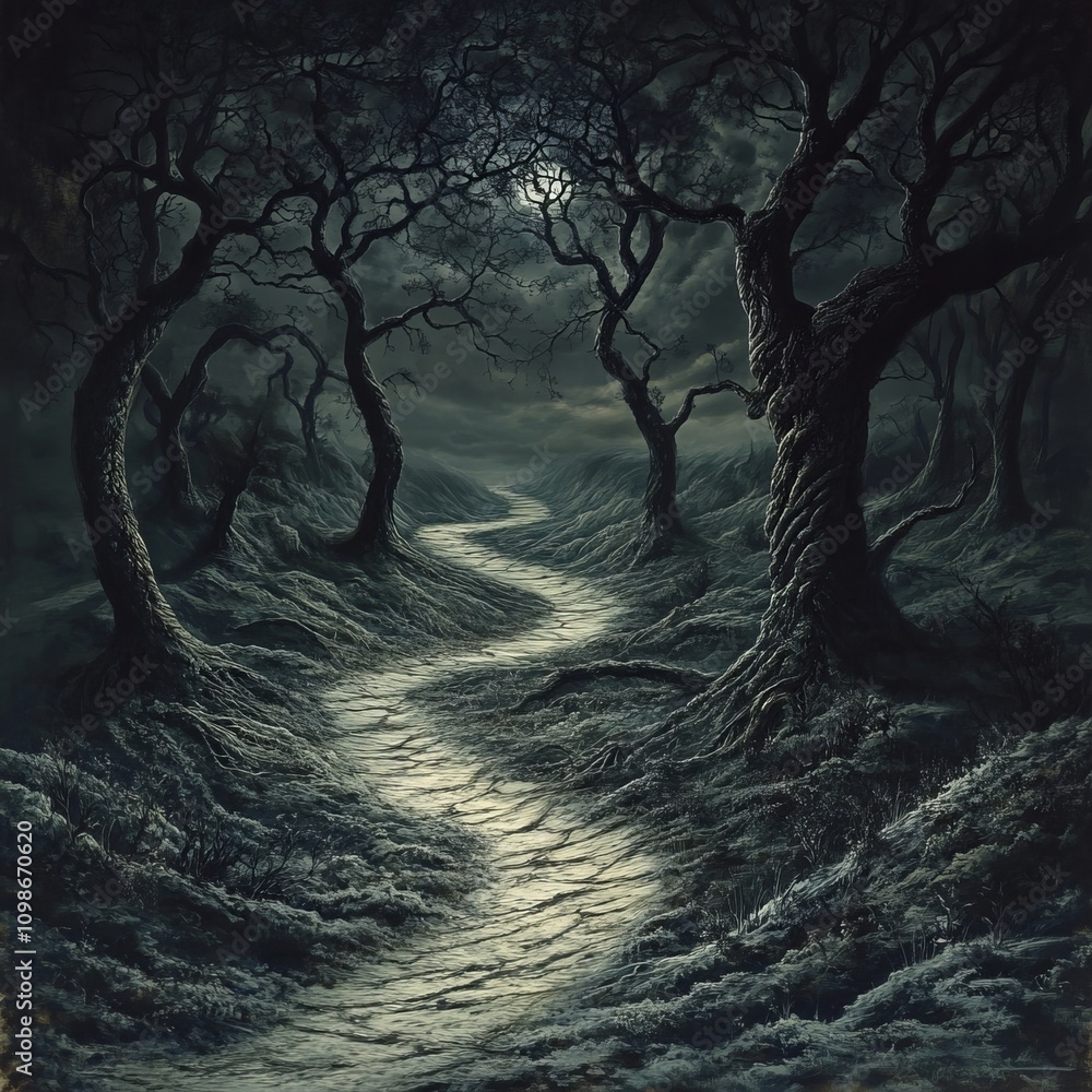 Poster a winding path through a dark, mysterious forest illuminated by moonlight, surrounded by twisted tre