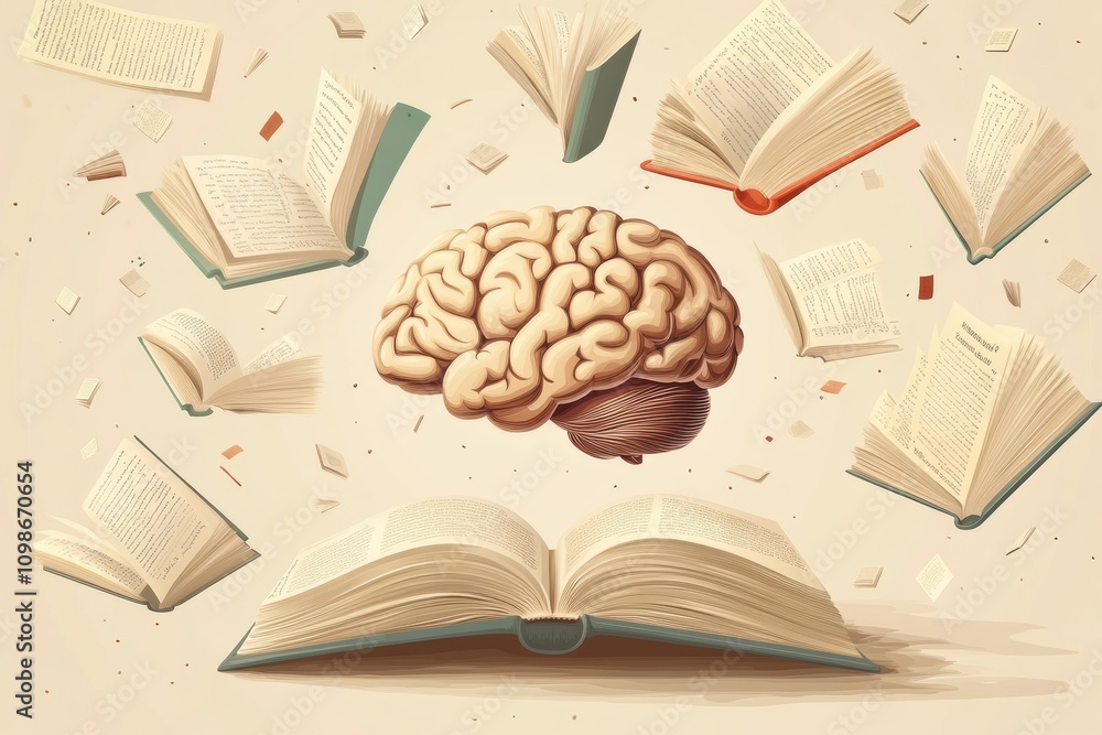 Aufkleber A brain surrounded by open books and flying pages illustrates the essence of knowledge and the journey of learning in a creative way. Generative AI
