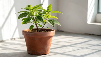Obraz premium Single potted plant in a terra cotta pot by a sunny window.