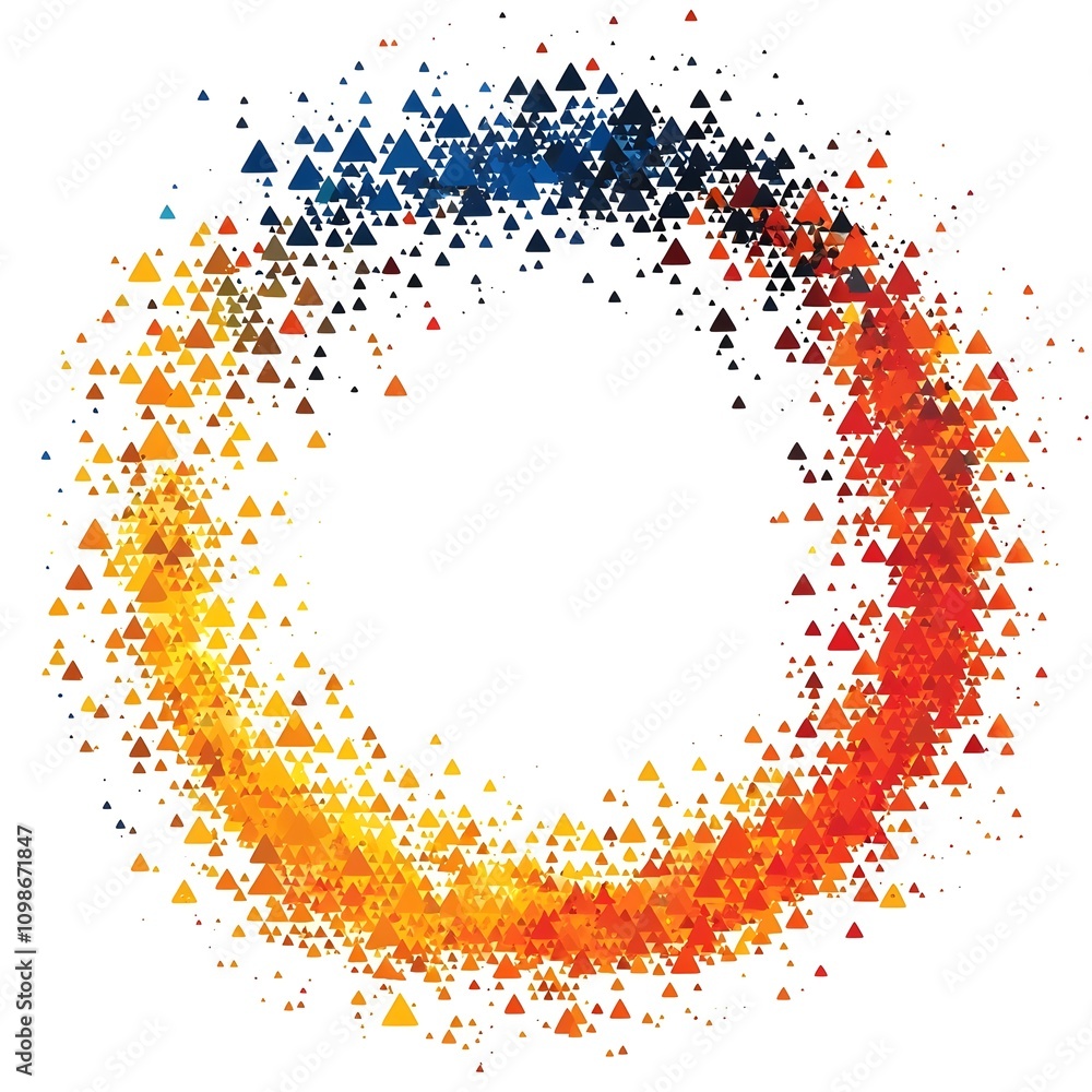 Aufkleber a vibrant circular design composed of colorful triangles in shades of orange, red, and black, creati