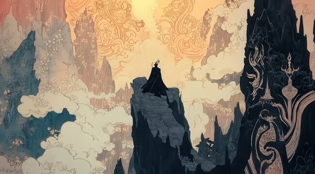Majestic figure standing on cliff at sunset overlooking intricate mountain landscape