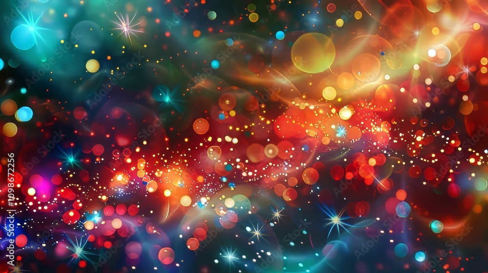Poster a dynamic abstract background featuring colorful bokeh lights and sparkling stars, creating a vibran