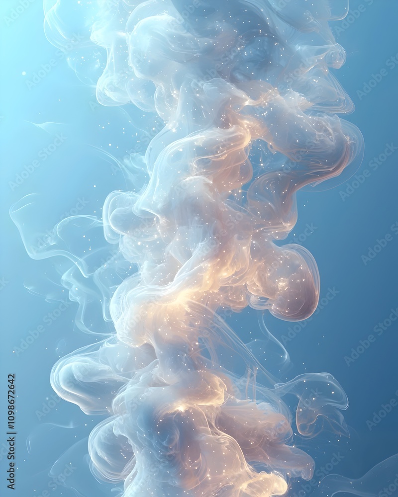 Poster a mesmerizing swirl of ethereal smoke in soft hues of blue and gold, creating a magical and dreamy a
