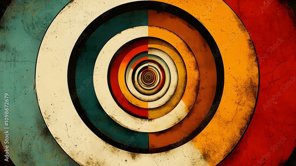 Poster an abstract composition featuring concentric circles in a gradient of warm and cool colors, creating