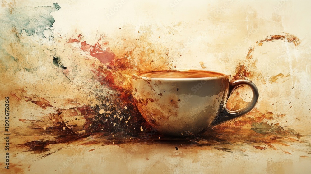 Poster a captivating abstract image of a coffee cup with dynamic splashes, symbolizing energy and creativit